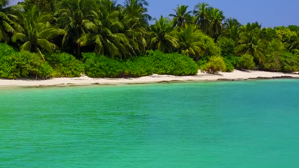 Island beach adventure by blue lagoon with clean sandy background near palms