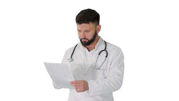 Caucasian Serious Doctor Walking and Explaining Cardiogram