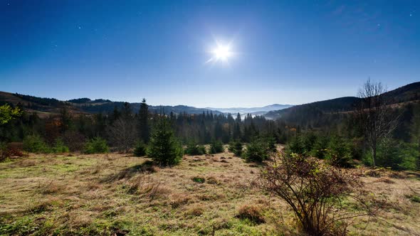 Ukraine Mountains Night Time Lapse Moon and Stars with Mountain Silhouette Under Moon and Stars on