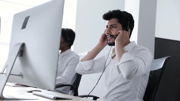 Call Center Operator. Man In Headset Working At Contact Center