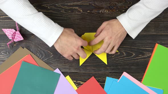 Man Folding Origami Figure, Top View.
