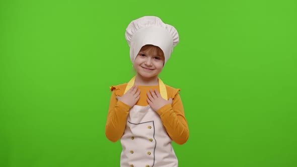 Child Girl Dressed Cook Chef Baker Waving Hands Asking to Follow or Join Welcome Hello Hi Gesture