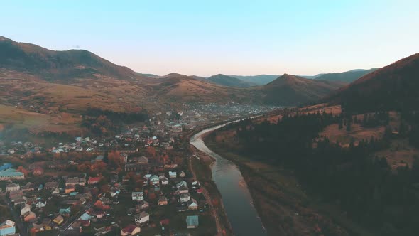 Nice Town Buildings Along Blue River in Morning Upper View