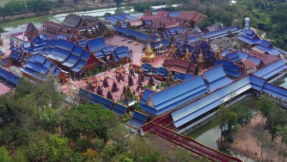 Aerial View of Wat Phiphat Mongkhon Blue Temple in Sukhothai Thailand