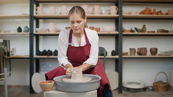 Pottery Workshop Female Ceramist Makes a Pitcher Out of Clay Handicraft Production of Handmade