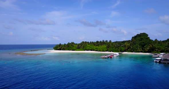 Luxury overhead copy space shot of a sunshine white sandy paradise beach and aqua turquoise water ba