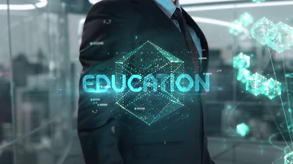 Businessman with Education Hologram Concept alt