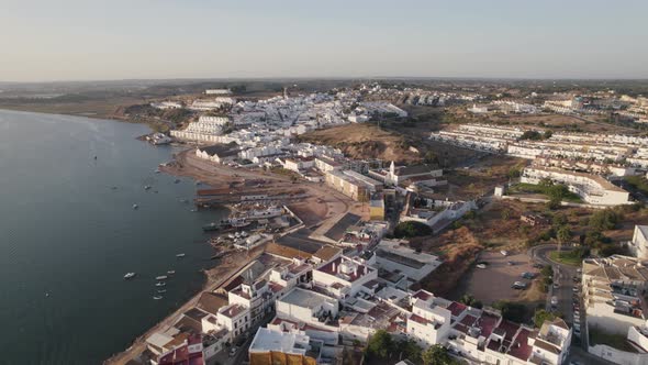 Guadiana River beach and Ayamonte town, Huelva, Spain. Scenic arial view