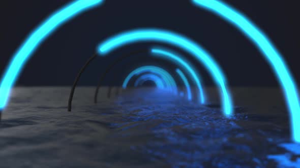 neon glowing round frames in the form of a tunnel