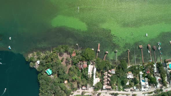 Cenital view of the piers at Bacalar lagoon in Mexico