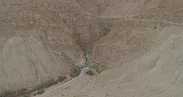 Aerial view of a waterfall in a desert, Israel.