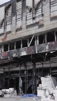 Vertical Video of a Burnt Shopping Center During the War in Bucha Ukraine