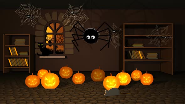 The room full of jack-o lanterns and old books. Spider is hanging on a web.