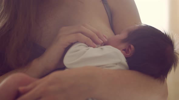 Mom breastfeeds a nursing baby. Close-up portrait of the infant and mother.