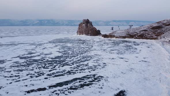 Baikal frozen lake, Olkhon island aerial. Clear ice and snow