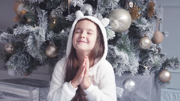 A Little Girl Makes a Wish Under the Christmas Tree