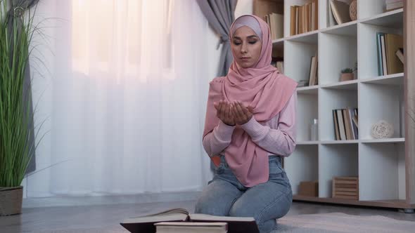 Koran Praying Faithful Muslim Woman Hijab Home