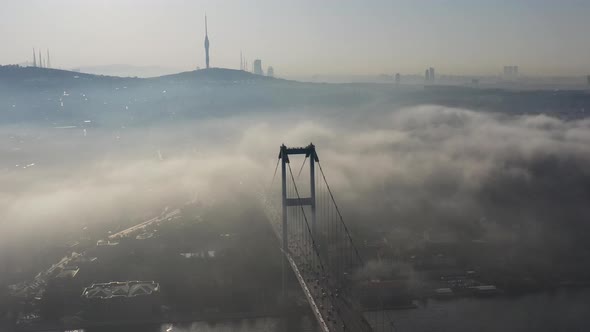 aerial video of bosphorus Bridge on a foggy day in Istanbul, Turkey, Martyrs Bridge 