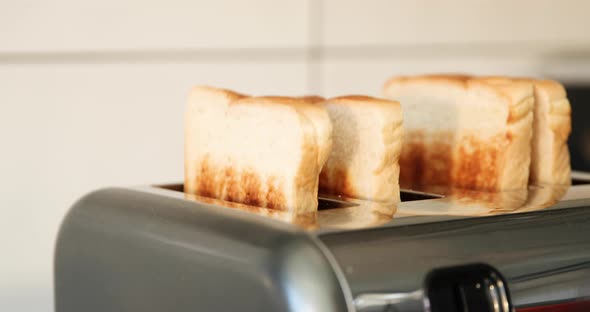 Woman taking fresh toast from toaster