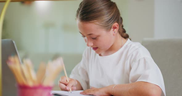 Closed Focused Teen Girl at the Desk Does Tasks in Workbook and Checks Them on Laptop Pencils Lamp alt