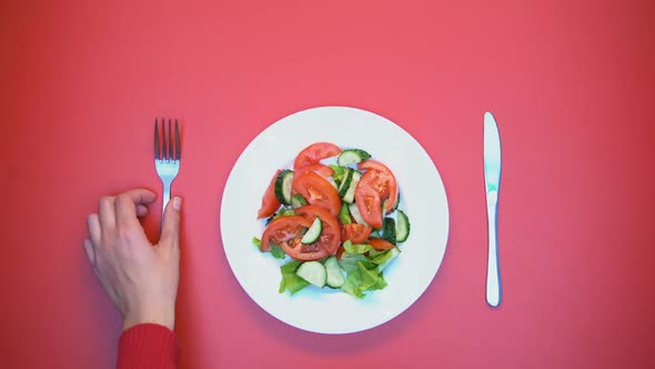 Female Taking Tomato Slice With Fork, Eating Vegetarian Salad, Weight Loss, Diet