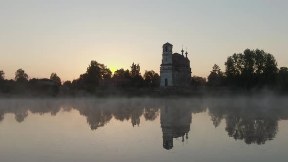 Aerial View of the Destroyed Church in the Village of Issad at Dawn