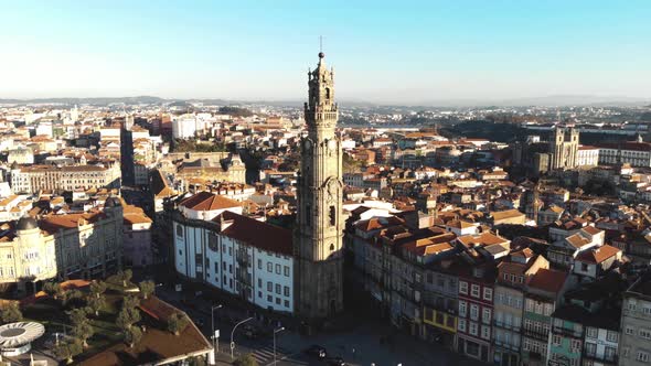 View of Clérigos tower (Torre dos Clérigos) in Oporto, Portugal - Aerial Orbit shot