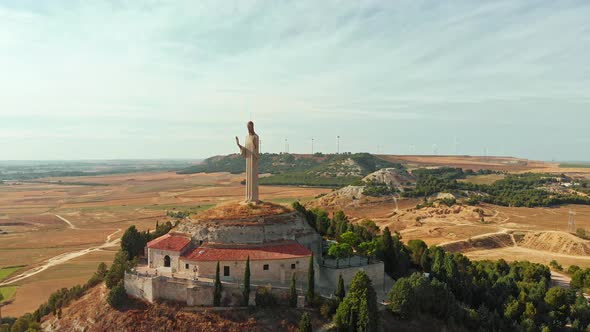 Aerial View of Statue Of The Christ Of The Otero In Palencia Spain