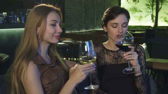 Beautiful Female Friends Toasting and Drinking Together at the Local Bar