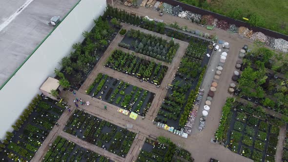 aerial view of garden shop. working people. potted plants