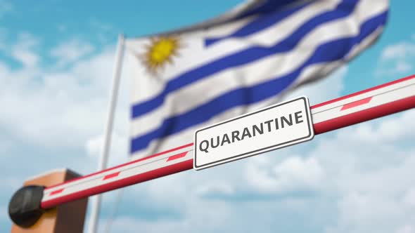 Opening Boom Barrier with QUARANTINE Sign at Flag of Uruguay alt