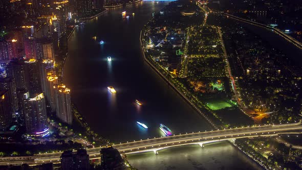 Guangzhou Night Business City Aerial Cityscape China Pearl River with Boats Traffic and Bridges