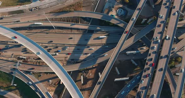 Aerial of cars on 59 South and 610 South loop freeway in Houston, Texas