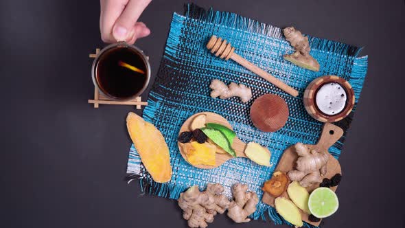 Tea Ceremony, Healthy Snacks Drink Line Honey Ginger Raw Root. Dry Ginger. Flat Lay