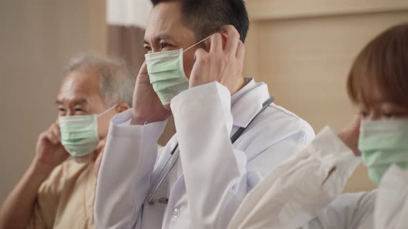 Portrait of Asian group of people put protective surgical mask on to prevent covid virus pandemic.