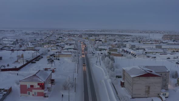 Aerial View of a Small Town in the North Pole of Russia in Winter