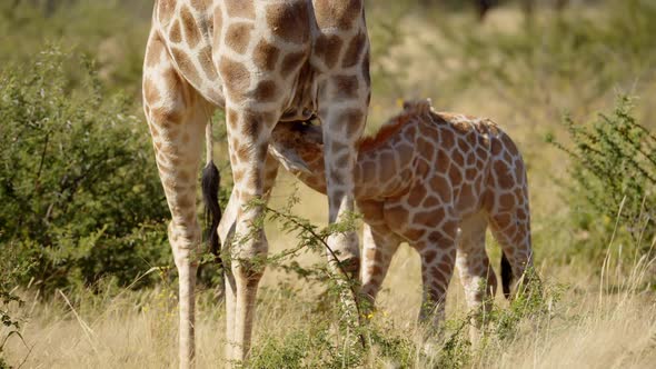 Baby Giraffe Suckles Mother in Early Morning Light