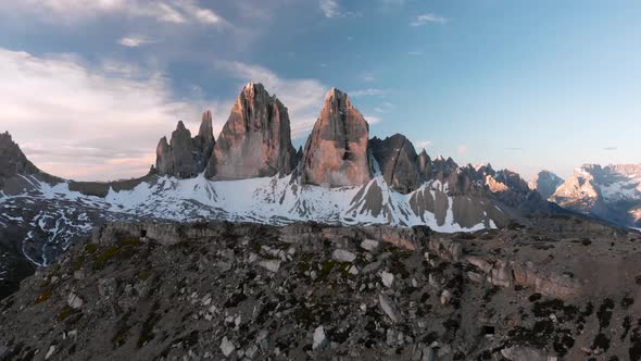 Aerial Unveil Tre Cime di Lavaredo Mountain in Dolomites Alps Italy