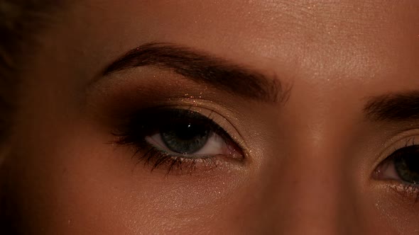 Eyes of Young Woman with Natural Makeup. Black. Closeup