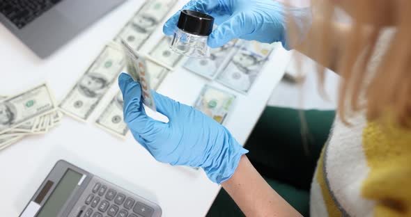 Woman in Gloves Checks Authenticity of Money Through Magnifying Glass Slow Motion  Movie