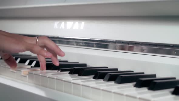 Woman hand playing white piano