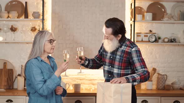 Smiling Senior Couple Toasting with Champagne in the Kitchen