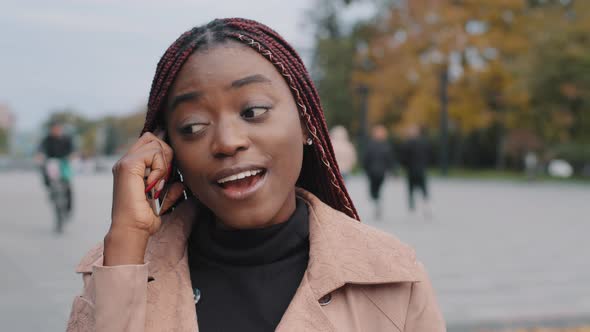 Closeup Headshot Happy Attractive African American Young Woman Standing Outdoor in Autumn Holding