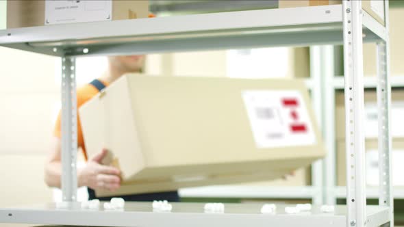 Warehouse Worker Puts a Carton with Goods From Canada