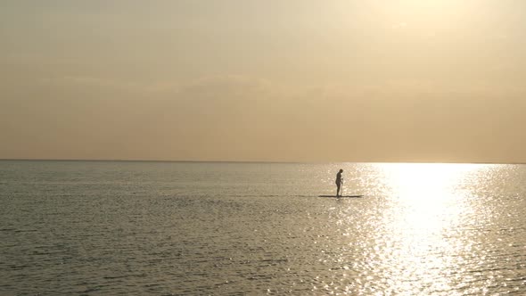 Sunset on the sea with silhouette of Girl with a Paddle on a SUP board