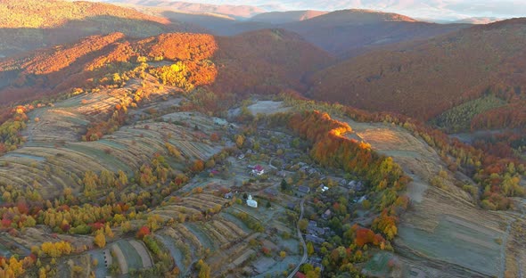 Aerial View of Beautiful Morning in the Autumn Landscape of the Mountain