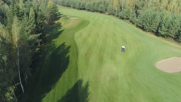 Summer Sunny Day Aerial View of Golf Course in Forest Area Golf Club Electric Golf Car Rides on the