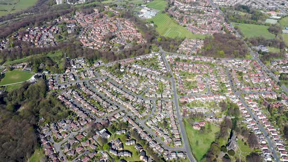 Aerial footage of the British town of Meanwood in Leeds West Yorkshire