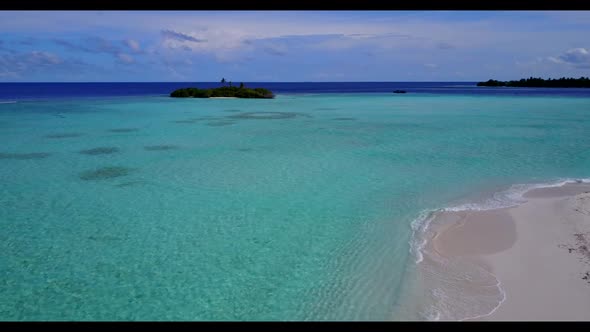 Aerial top down tourism of paradise island beach adventure by clear ocean with clean sand background