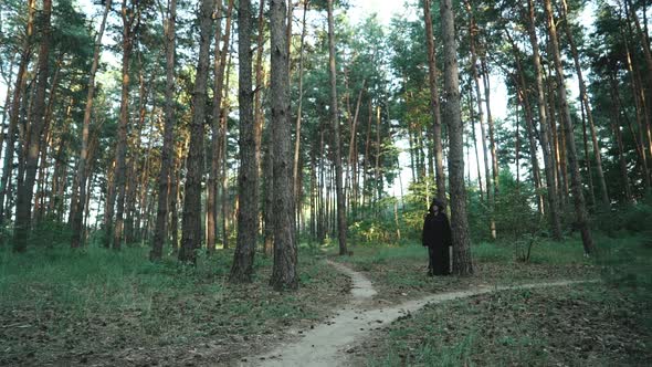 Evil Witch Hooded Creature Walking Across Forest.